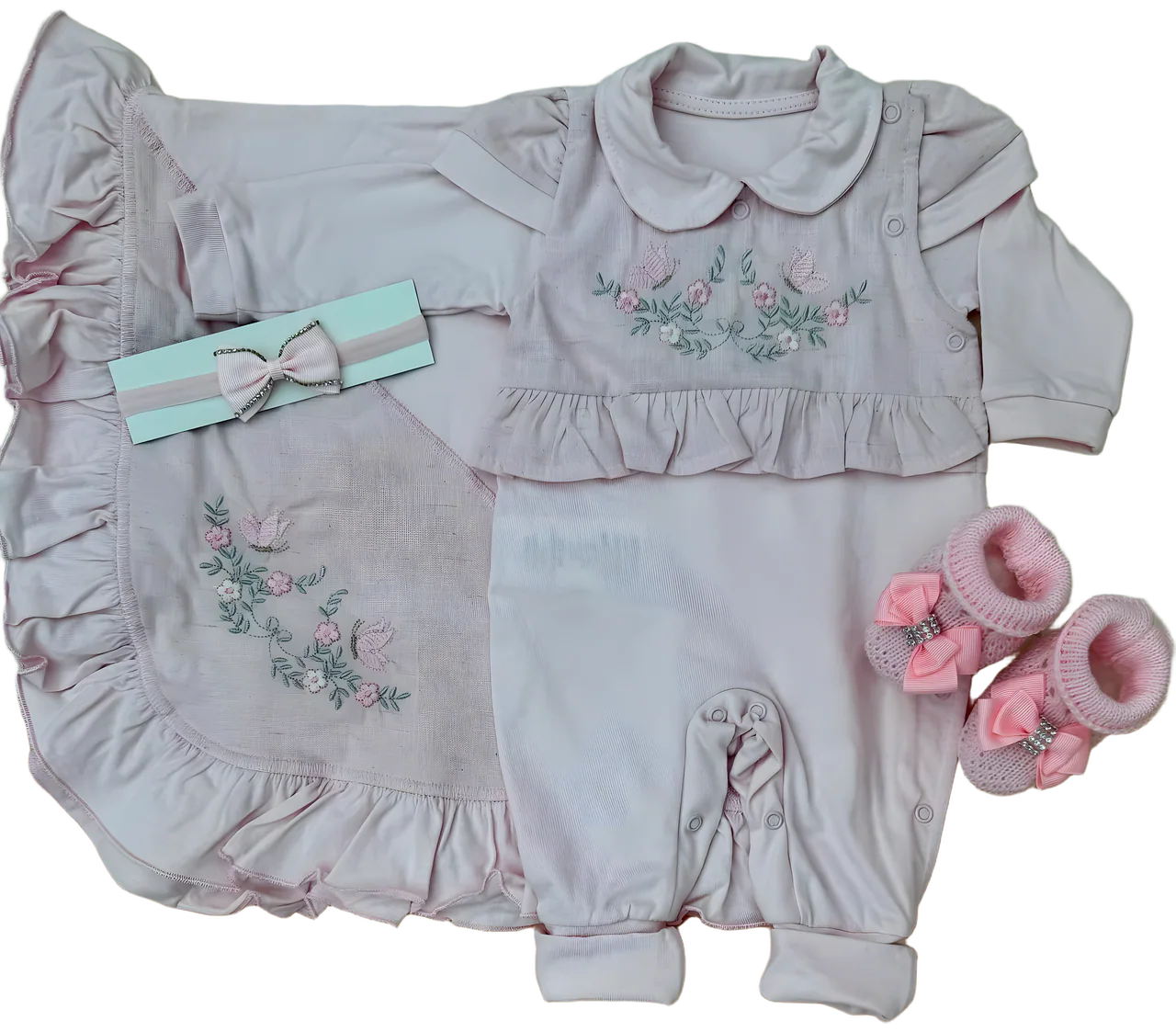 Kit de saída de maternidade rosé com manta de babado, macacão bordado, faixinha e sapatinhos