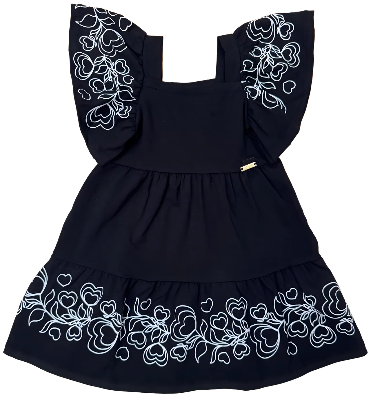Vestido marinho com mangas de babado e estampa de corações em linha branca