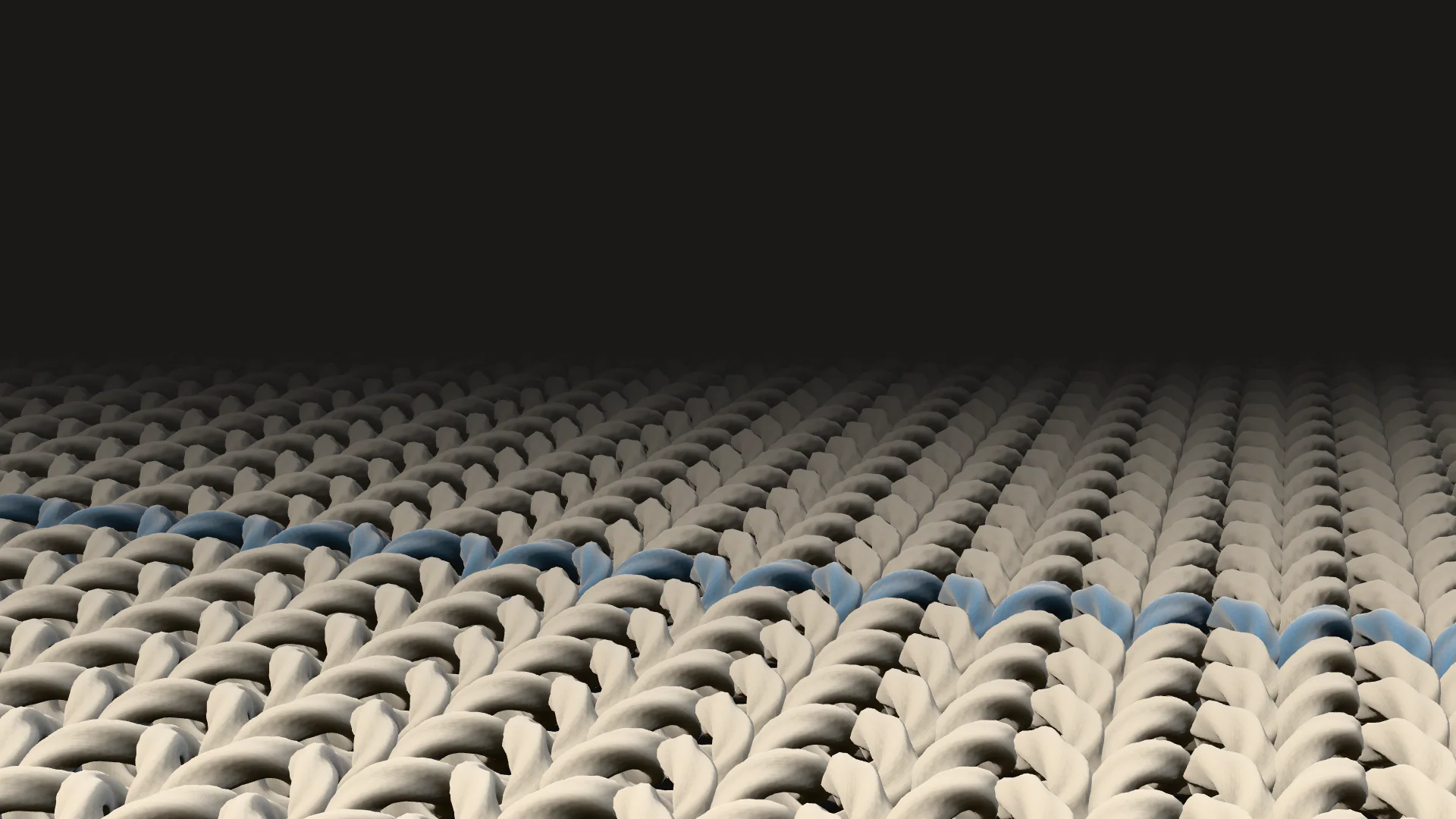 Render 3D: malha crua de perto, com um fio azul entre as laçadas