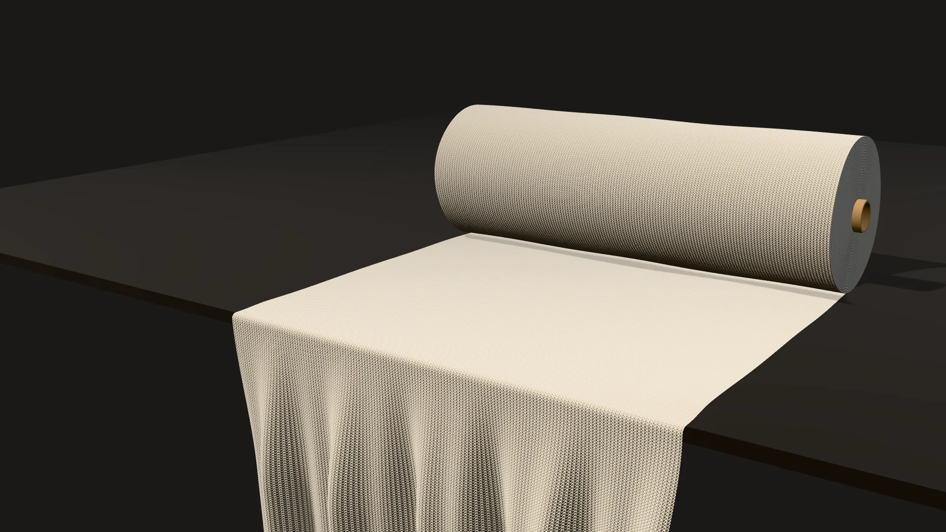 Render 3D: rolo de malha crua com a ponta caindo pela borda da mesa